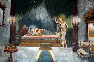 Fresk przedstawiający scenę z życia Buddy w Wat Phra Doi Suthep, Chiang Mai. Budda jako książę Siddharta opuszcza żonę i dziecko. Tajlandia